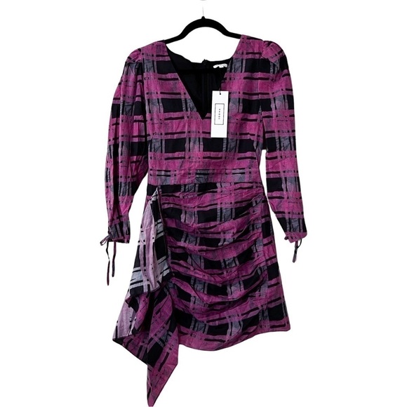 NWT RHODE Piper Plaid Ruched Cotton Purple Mini Dress Sz S - Picture 2 of 6